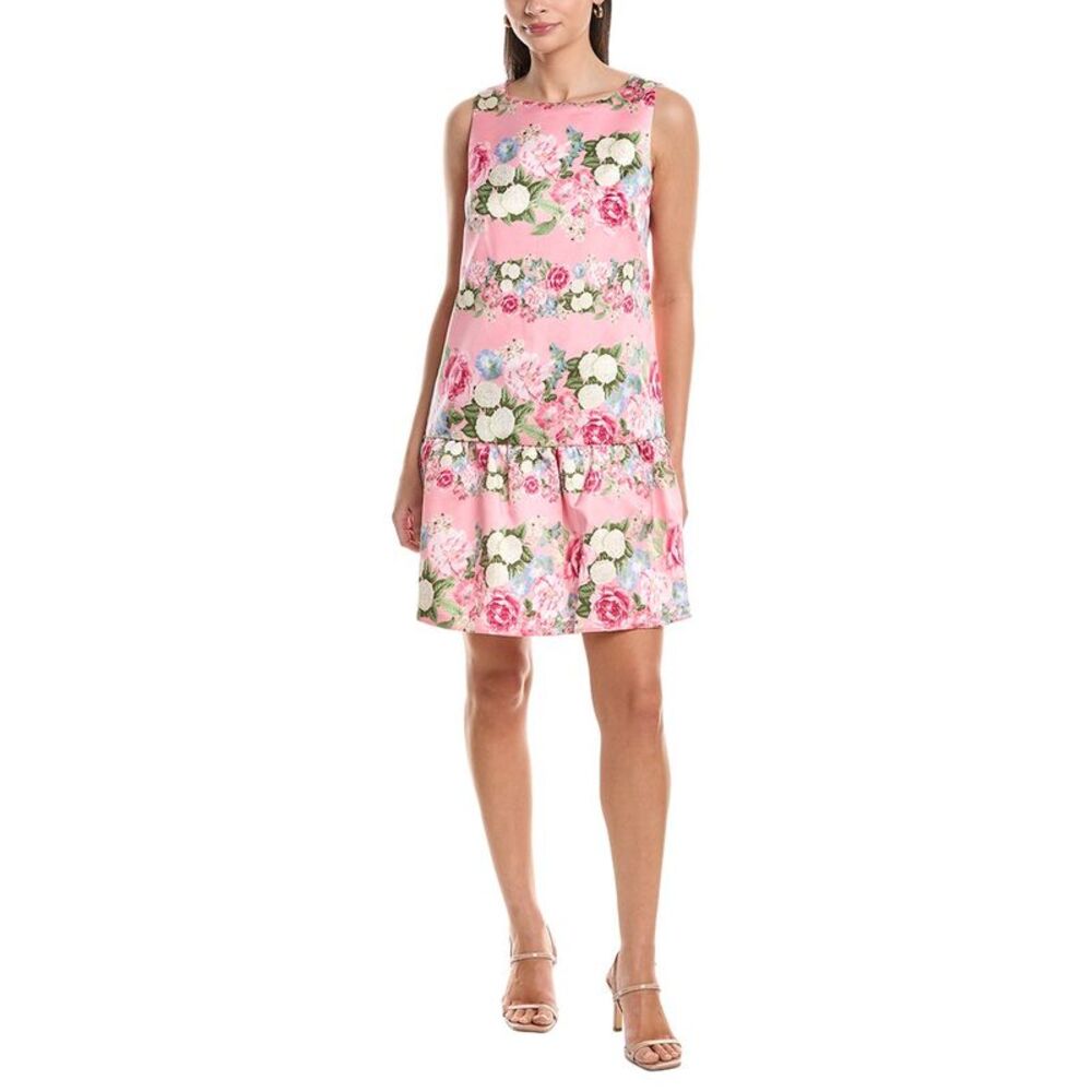 Anne Klein Womens Boatneck Flounced Printed Mikado Shift Dress, Pink